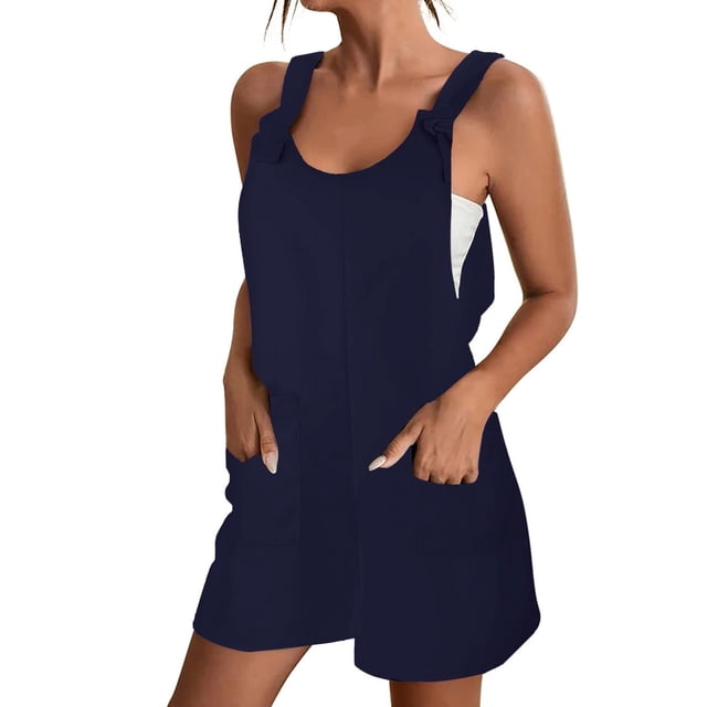 Kcodviy Combinaisons Courtes d'Été pour Combinaison Pantalon Combinaisons pour Femmes Décontractées Amples Sans Manches Combinaisons pour Femmes d'Été à Bretelles Nouées Combinaisons en Coton pour Femmes Salopettes avec Poches