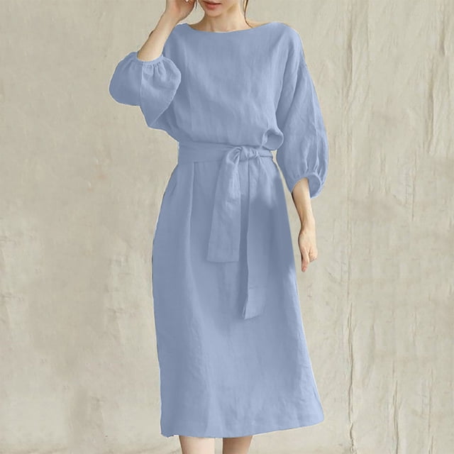 Fshaion Robe d'Été pour Femmes 2024 Grande Taille Col Rond Ample Manches Courtes Unie Mi-Mollet Robe Longue Liquidation à Moins de 10!