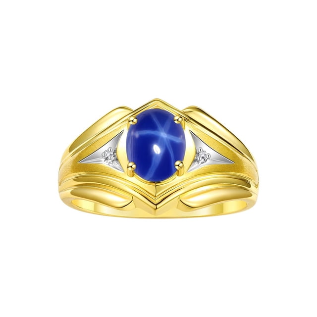 RYLOS Men's Rings 14K Yellow Gold Rings Classic Designer Style 9X7MM Gemstone & Diamond Ring Blue Star Sapphire September Birthstone Rings For Men, Size 11