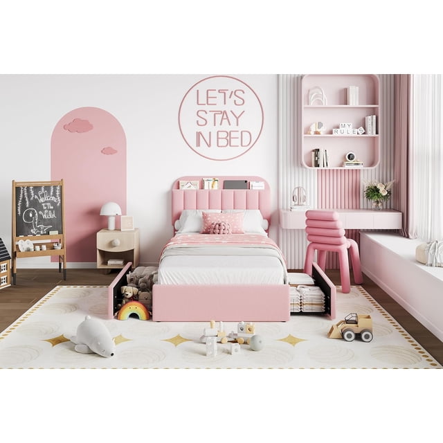 Bingirl Cadre de Lit Simple Chic Rose : Tête de Lit avec Rangement, 2 Tiroirs, Rembourrage en Bouclé, Sans Sommier