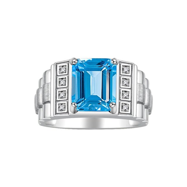 RYLOS Men's Rings 14K White Gold Designer Style 10X8MM Emerald Cut Shape Gemstone & Diamonds Blue Topaz December Birthstone Rings For Men Size 13