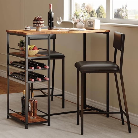 Retro Handmade wooden dining table with 2 upholstered chairs, 2 piece bistro table and chairs set with storage rack, dining table and chairs with metal frame, small kitchen table for apartment, home