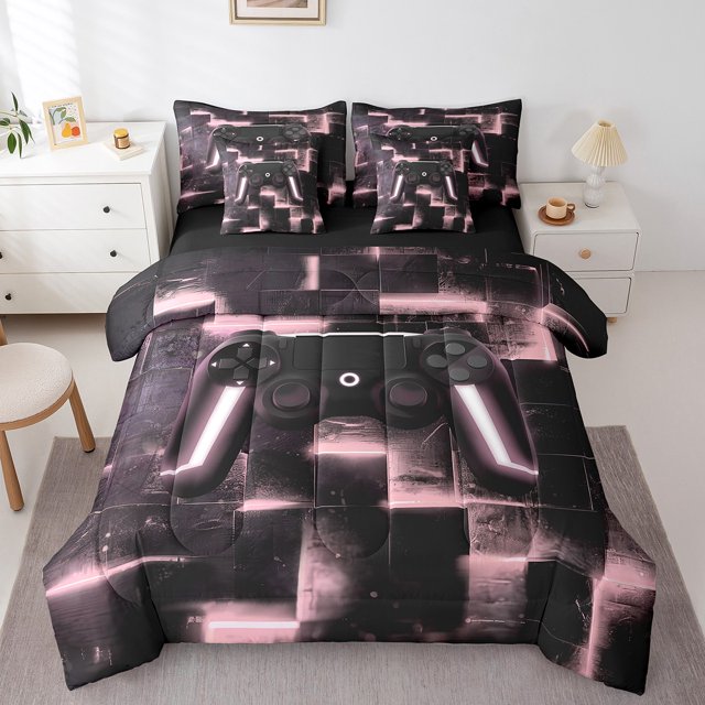 YST Gaming Bedding Comforter Set, 7-Piece, Abstract Gradient Checkered, King, Black and Pink