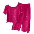 thumbnail image 1 of 2 Pièces Tenues pour les Femmes Été Solide Col Rond Bouton Demi Manches Pull Chemise Tops + Pantalon Pantalon Ensemble de Pantalons, 1 of 8