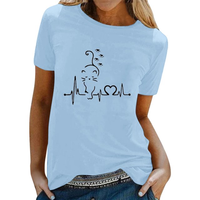 TSADFHJI Hauts Mignons pour Femmes Été Femmes Printemps Été Chats Imprimés Manches Courtes Col Rond T-Shirt Haut m Bleu