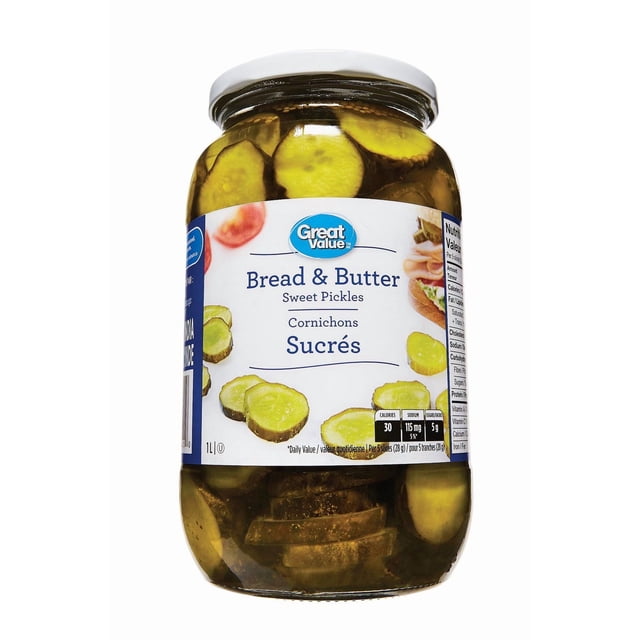 Great Value cornichons Sucrés Bread & Butter Pickles Pot de 1 L avec Couvercle Blanc, Contenant des cornichons Tranchés en Saumure, Étiquetés en Anglais et en Français, Idéal pour les condiments et Garnitures de Garde-Manger, Convient Aussi pour Ajouter une Touche Sucrée aux sandwiches.