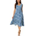 thumbnail image 2 of INSPIRE CHIC Robe d'Été Bohème de Plage pour Femme, Col en V, Sans Manches, Florale, Fluide, à Nouer, Midi, Décontractée, Robe Soleil, TG, Bleu, 2 of 6