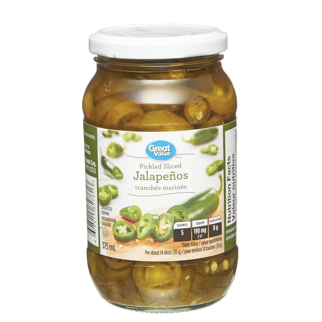 Great Value Pickled Sliced Jalapeños in a 375 mL clear glass jar with a white lid, showing green jalapeño slices preserved in brine, labelled with nutrition facts including 5 calories and 190 mg sodium per 14 slices, ideal as a pickled vegetable condiment or topping, often used to add spicy flavour to dishes.