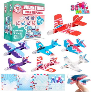 Joyfy 35 Paquets Cartes-Cadeaux de la Saint-Valentin avec Avion en Mousse pour Enfants Cartes d'Échange de la Saint-Valentin Garçons Tout-Petits Cadeaux de Classe pour l'École de la Saint-Valentin