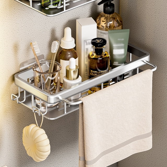 LSLJS Shower Caddy Shelf Organizer Rack, Bathroom Shelf Organizer Shower Caddy Kitchen Spice Rack Wall Mounted No Drilling,Rustproof Storage Organizer with Hooks, Storage Rack