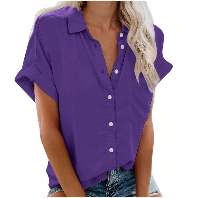 Timegard Womens Tops Button down Short Sleeve Lapel V-Neck Top Summer Casual Shirts with Pockets Blouse