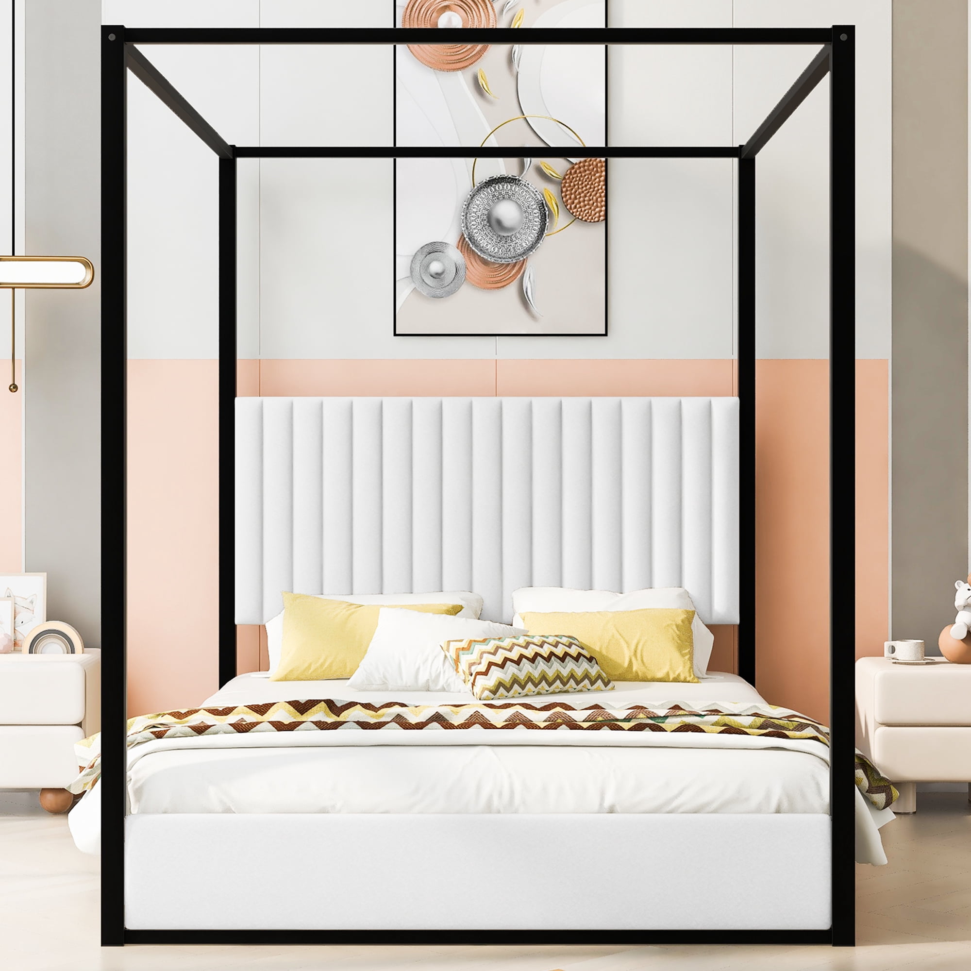 Noble House Queen Size Upholstery Canopy Platform Bed with Headboard and Metal Frame,White