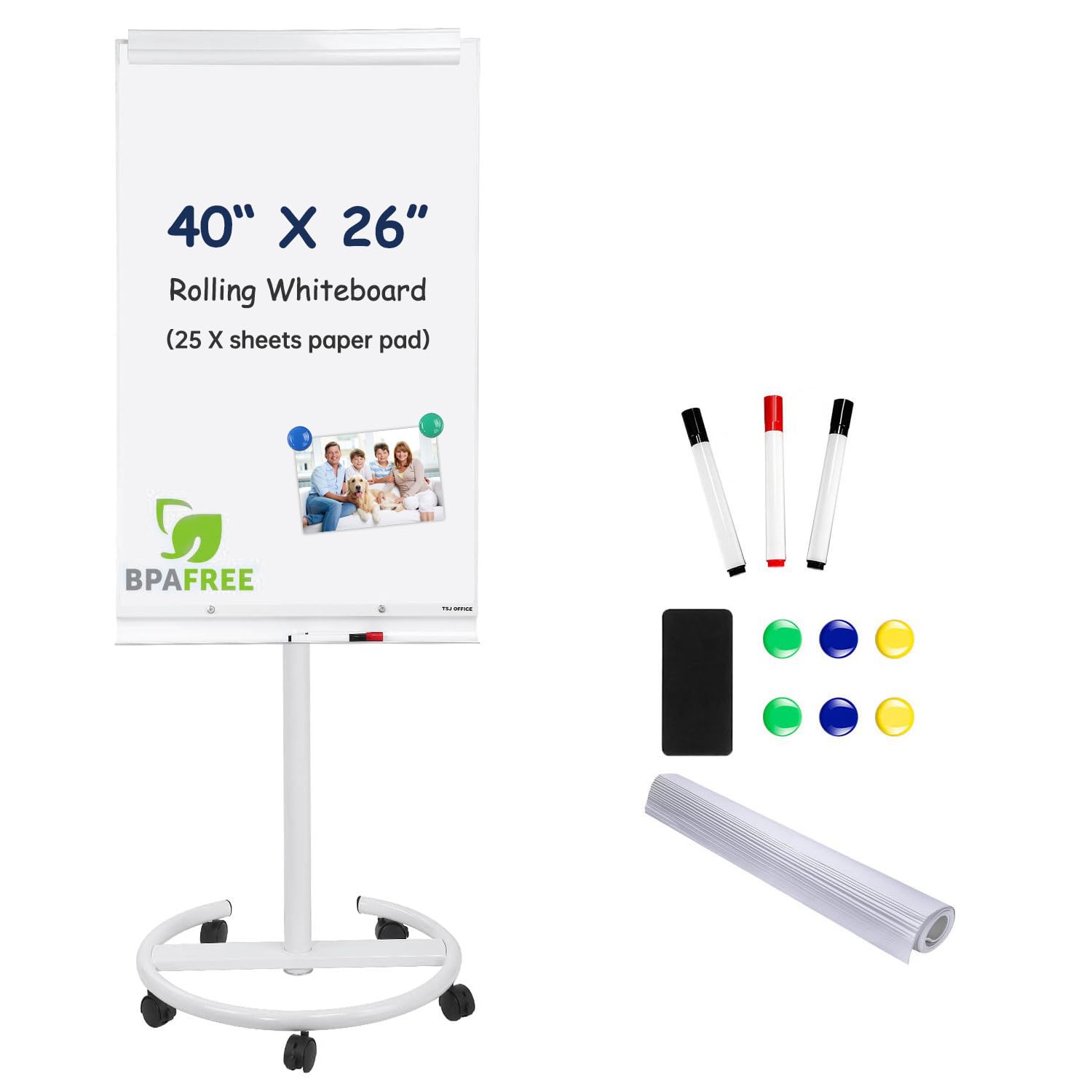 TSJ OFFICE Mobile Standing Whiteboard - 40 x 26 Inches Dry Erase Magnetic White Board with Stand Flipchart Easel Height Adjustable