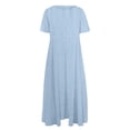 thumbnail image 3 of Robes Caftans en Coton et Lin pour Femmes Grande Taille à Manches Courtes Amples et Larges Robe Maxi Plissée à Volants Longue Robe Bleu Ciel, 2TG, 3 of 3