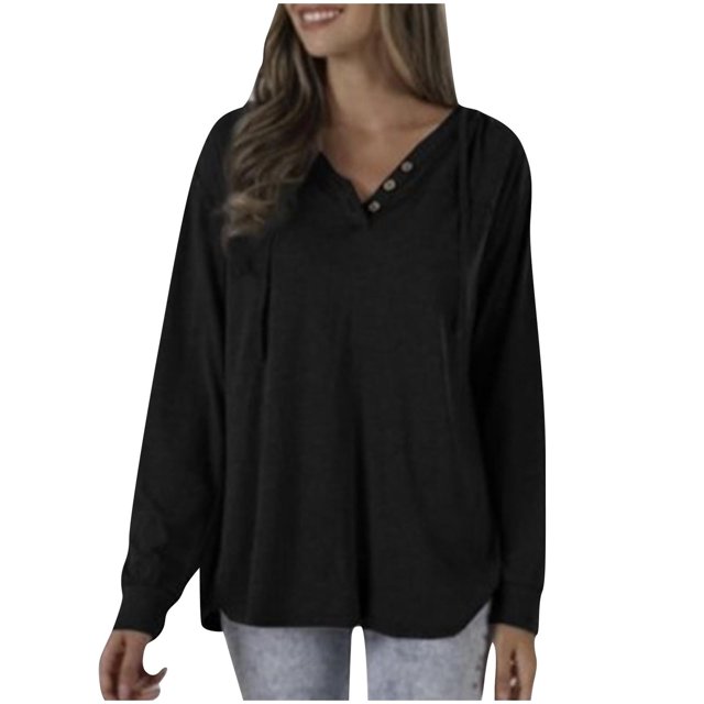 GigrtiJin Womens Oversized V-Neck Tops 2025 Trendy Long Sleeve Solid Color Blouses Button Decor Casual Shirts