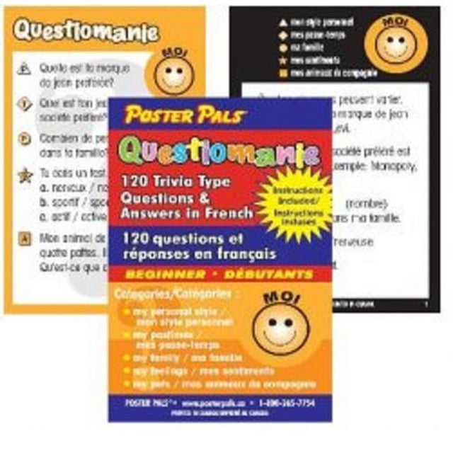 Jeu-questionnaire en Français par Poster Pals Comprenant 120 Cartes de questions pour Débutants en Français, Divisées en Cinq Catégories : style Personnel, Passe-Temps, Famille, Sentiments et Animaux de Compagnie, avec des questions à l'Avant et des Réponses au Dos, Idéal pour les Activités d'Apprentissage en Classe Ou en Groupe.