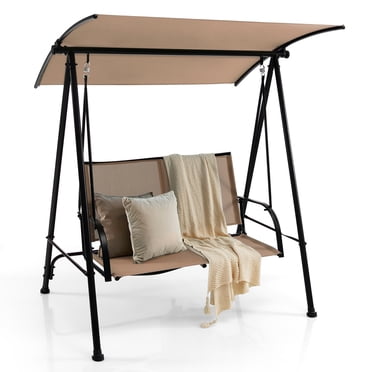 Costway Balançoire de Patio à 2 Places, Balançoire de Porche avec Auvent Réglable pour Jardin, Beige Foncé