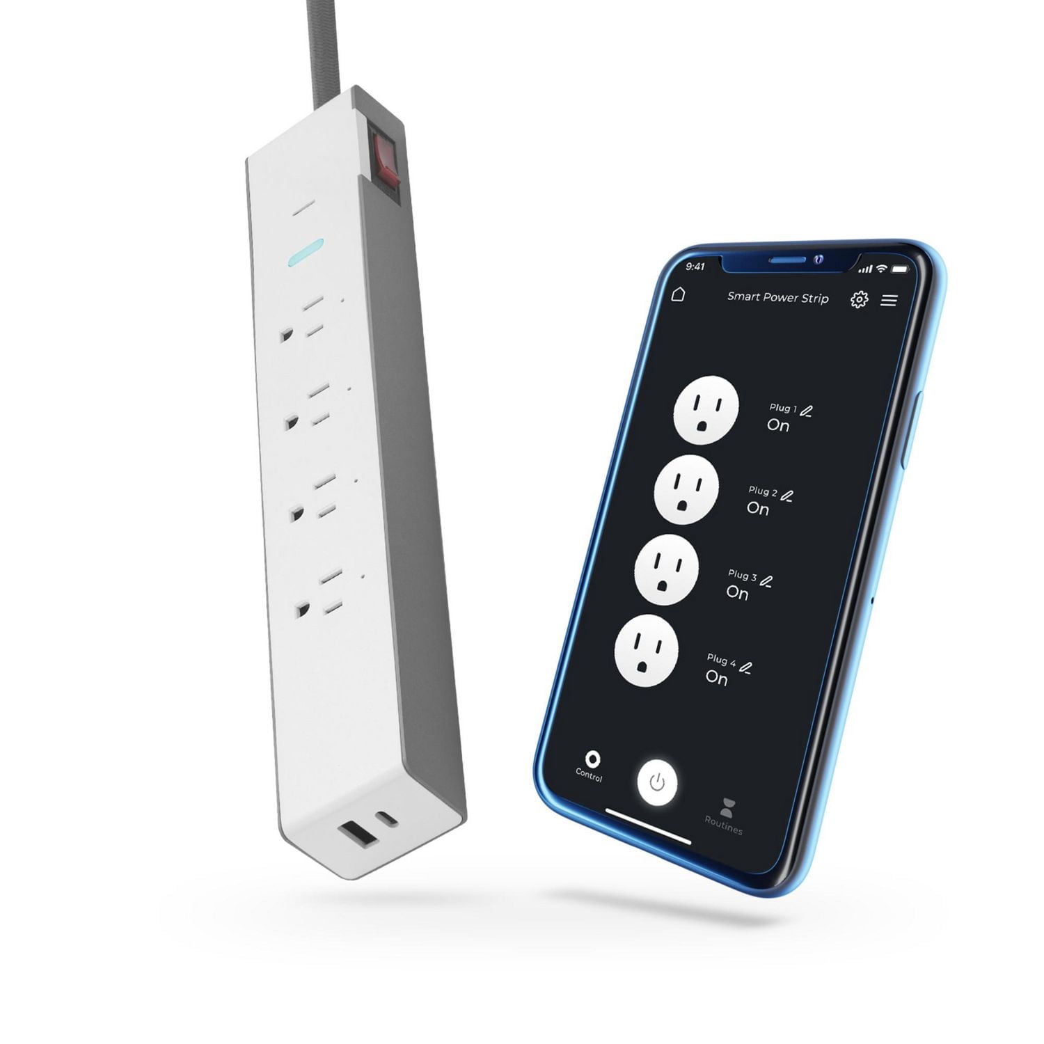 Wi-Fi Smart 4-Outlet Grounded Independently Controlled Surge Protector 2 USB Port Power Strip, No Hub Required, Voice Activated, 4ft Cord, White