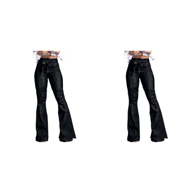 pitrice Women Wide Leg Jeans High Waist Flared Pants Solid Color Strap Spring Summer Hip-Lifting Ladies Trousers For Office Black S 2Set
