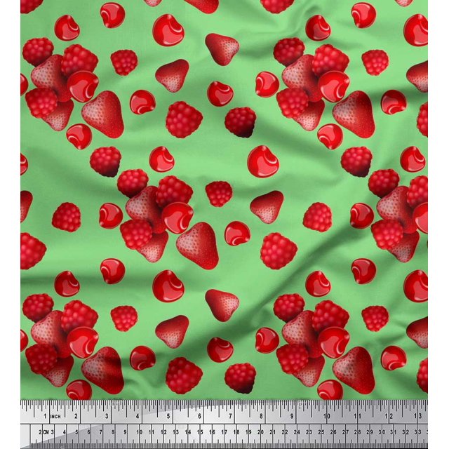 Soimoi Silk Fabric Raspberry,Strawberry & Cherry Fruits Fabric Prints by Yard 42 Inch Wide