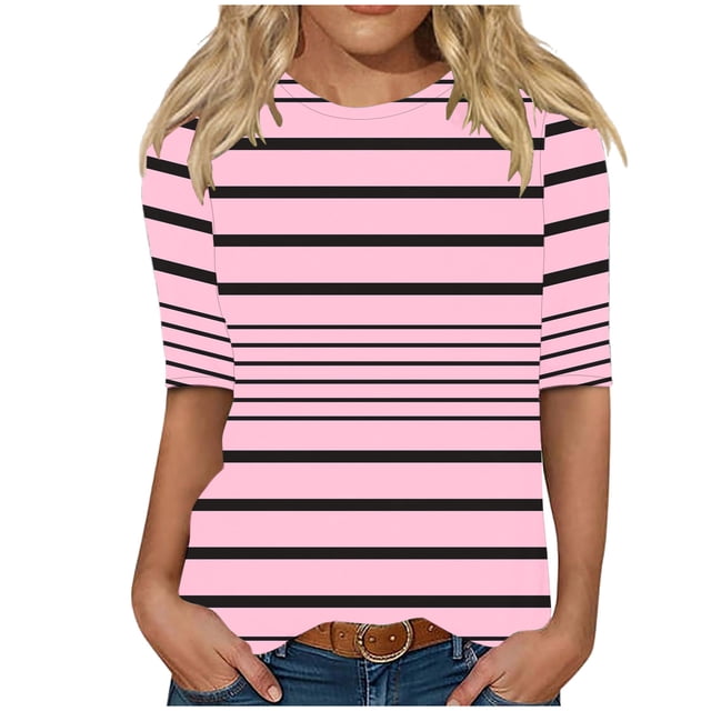 Enjoytime Hauts Décontractés pour Femmes à Rayures Col Rond Manches Mi-Longues Chemisiers Chic de Bureau Travail Été Chemises Grande Taille