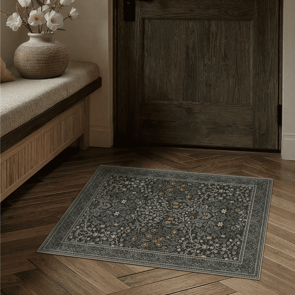 BERTHMEER 2'x3' Small Area Rugs for Bathroom Bedroom Entryway Kitchen Entrance Dorm Non Slip Washable Black Floral Vintage Traditional Oriental Accent Rugs, Deep Green