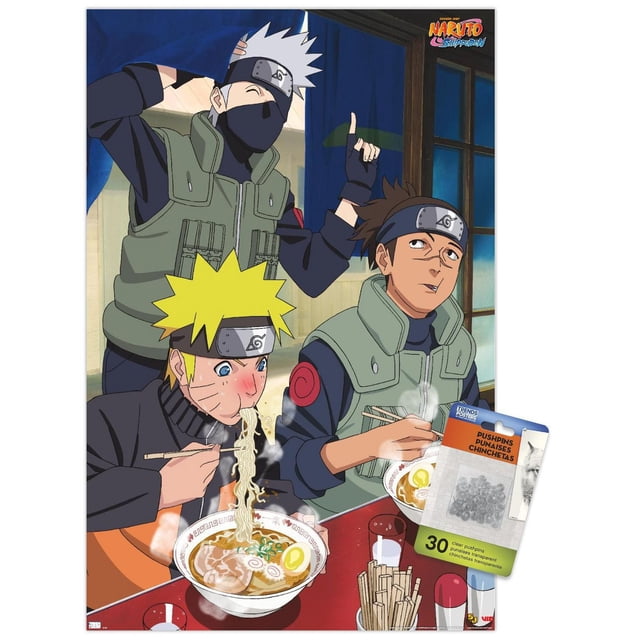 Naruto Shippuden - Affiche Murale de Nourriture, 22,375 Pouces x 34 Pouces Encadrée Représentant Trois Personnages Naruto Shippuden Mangeant des Bols de ramen Vapeur avec des Baguettes à une table à l'Intérieur, Incluant Naruto avec des Nouilles Grignotantes aux Cheveux Jaunes, et Deux Autres Portant des Vestes flak ninja Vertes et des Bandeaux, sur Fond de Rideau Bleu et de Fenêtre, Convient à la Déco de Chambre à Thème Anime Ou à la Décoration de Fête.