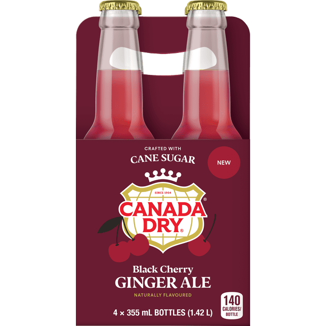 Canada Dry Black Cherry Ginger Ale four-pack of 355 mL glass bottles in a maroon carrier, featuring cherry-flavored ginger ale crafted with cane sugar and naturally flavoured, each bottle containing 140 calories.