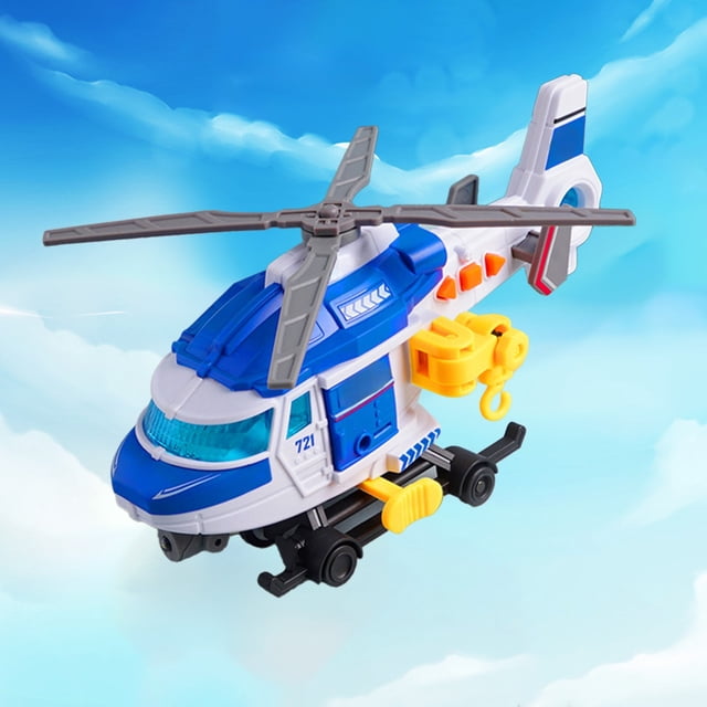 Helicopter Toys Lighting And Sound Effects Puzzle In-ertia Airplane Toys in a blue and white design. The toy features a rotating propeller, lifting hooks for simulated rescue operations, and interactive lighting and sound effects. Made of plastic, it measures 23 x 19 x 13 cm and is lightweight at 160 g, suitable for indoor and outdoor play.