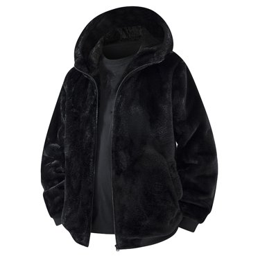 Lovzfmll Men's Faux Fur Coat Plush Pile Lining Notched Lapel Long Sleeve Black, XL