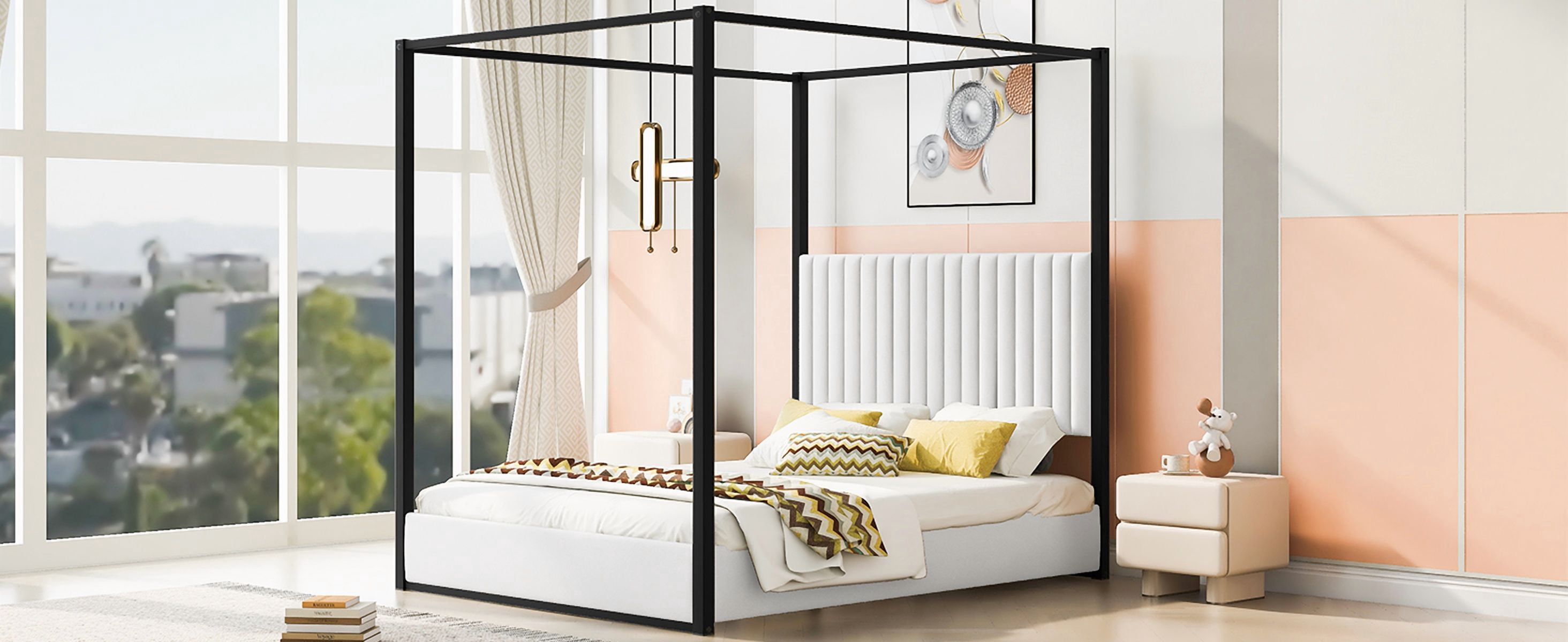 Noble House Queen Size Upholstery Canopy Platform Bed with Headboard and Metal Frame,White