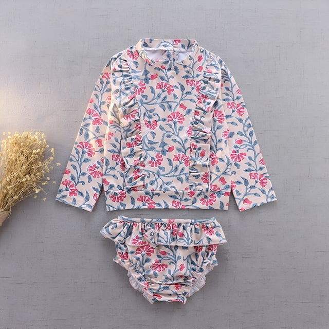 Kid Girl Swimwear Rash Guard Set Cartoon Long Sleeve Sun Protection Toddler Bathing Suit 6-7 Years