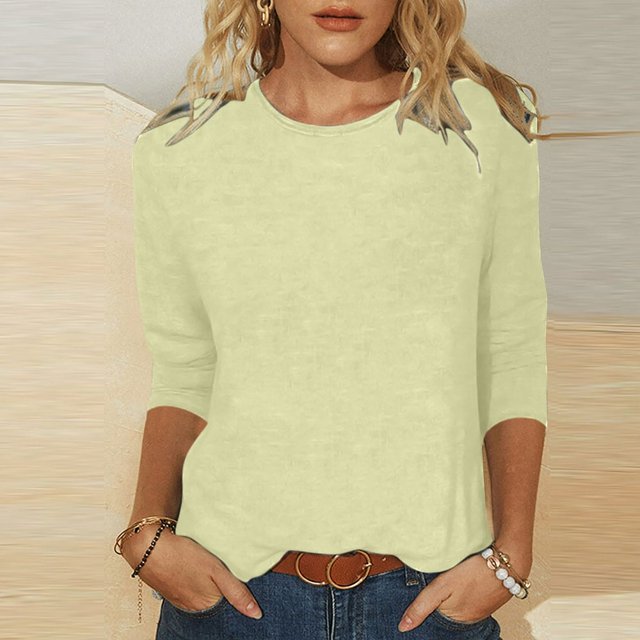 CHUANK T-Shirt Ajusté à Col Rond Mignon pour Femmes, Décontracté, Mi-Long, Manches 3/4, Blouse Extensible, Basique, Uni, Hauts