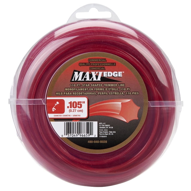 Commercial Maxi-Edge Ligne de Coupe Universelle de 110 Pieds, 0,105 Po, en Forme d'Étoile et Rouge, Enroulée dans un Emballage en Plastique Transparent avec Étiquette Indiquant le Diamètre et le Profil de Coupe, Conçue pour les Tondeuses et Bordures d'Équipement Motorisé Extérieur.