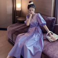 thumbnail image 2 of Violet A-Ligne Robes pour les Femmes de Mode Doux V-Cou Puff Manches Robe Femme Envelopper la Taille Haute Robe Fendue, 2 of 9