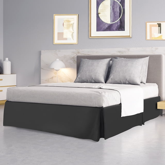 PiccoCasa Bed Skirt Double Brushed Microfiber with Dust Ruffle in dark gray, twin size, displayed on a bed in a modern bedroom setting. A bedding accessory with a 16-inch drop length that reaches the floor, concealing under-the-bed storage, frames, and box springs. Made of 110 gsm microfiber, wrinkle-resistant and durable, with elastic bands at all four corners for secure placement.
