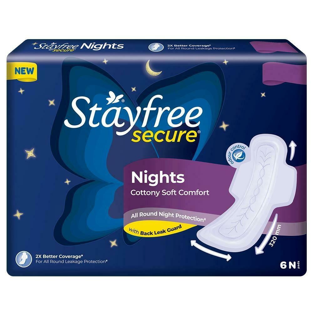 Stayfree Secure Nights Serviette Hygiénique Confortable en Coton Doux, Lot de 6