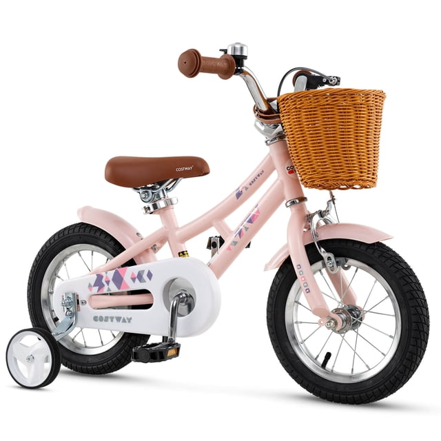 Costway Vélo de 12 Pouces avec Guidon et Panier de Siège Réglables en Hauteur, Sonnette, Roues Stabilisatrices, Rose. Ce Vélo pour Enfants Présente un Cadre Robuste en Acier au Carbone, un Garde-Chaîne Entièrement Fermé et des Réflecteurs pour la Sécurité. Il Comprend un Frein à Main, un Frein à Rétropédalage et des Roues Stabilisatrices pour la Stabilité. le design Rose Est Complété par un Panier Fonctionnel, un Coussin de Siège Doux et une Charmante Sonnette. Convient aux Enfants de 3 à 4 Ans, avec Guidon et Siège Réglables pour Accueillir la Croissance.