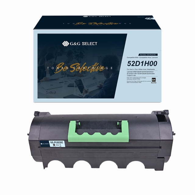 G&G Select Cartouche de Toner Compatible de Remplacement pour Lexmark 52D1H00 Noire avec Sa Boîte d'Emballage de Marque et la Cartouche de Toner Noire avec une Poignée Verte, Conçue pour un Rendement Élevé des Pages et une Qualité d'Impression Uniforme dans les Imprimantes Lexmark.