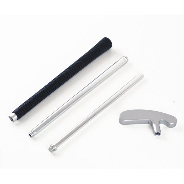 Premium Golf Putter Gift Set featuring a detachable aluminum alloy 3-section shaft, shown disassembled with a black grip, two silver shaft sections, and a silver club head. Includes both double-sided and single-sided club heads for versatile use. Lightweight and durable design with high hardness R rating, ideal for various occasions such as business gifts or employee benefits.