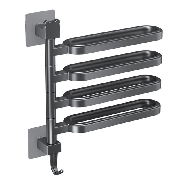Bathroom Towel Bar made of aluminium alloy in black finish, featuring a swivel design with four crossbars for hanging multiple towels. Includes an integral hook for additional storage of items like clothes or bath accessories. Measures 33x30x2cm and uses a no-hole adhesive installation for wall protection.