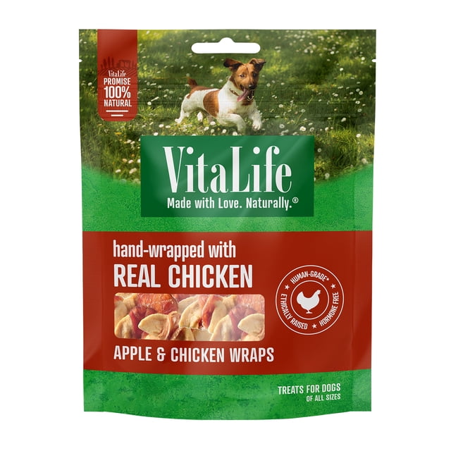 VitaLife Apple & Chicken Wraps, all natural jerky dog treats made with hand-wrapped real chicken breast and farm fresh apples, in a resealable green and red package featuring a dog running on grass, suitable for training and rewarding dogs of all sizes.