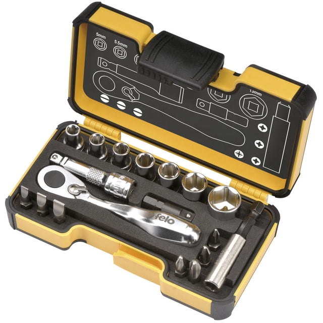 Felo 18 Pieces Imperial Pocket Size Ratchet Tool Set in a yellow and black StrongBox featuring a mini 1/4-inch ratchet, seven chrome-vanadium steel sockets sized 3/16 to 1/2 inch, seven 1/4-inch bits including slotted, Phillips, and square, plus extension and adapter bits, all organized in foam inserts with lid diagrams for easy identification, suitable for tight spaces and precise hand tool tasks.