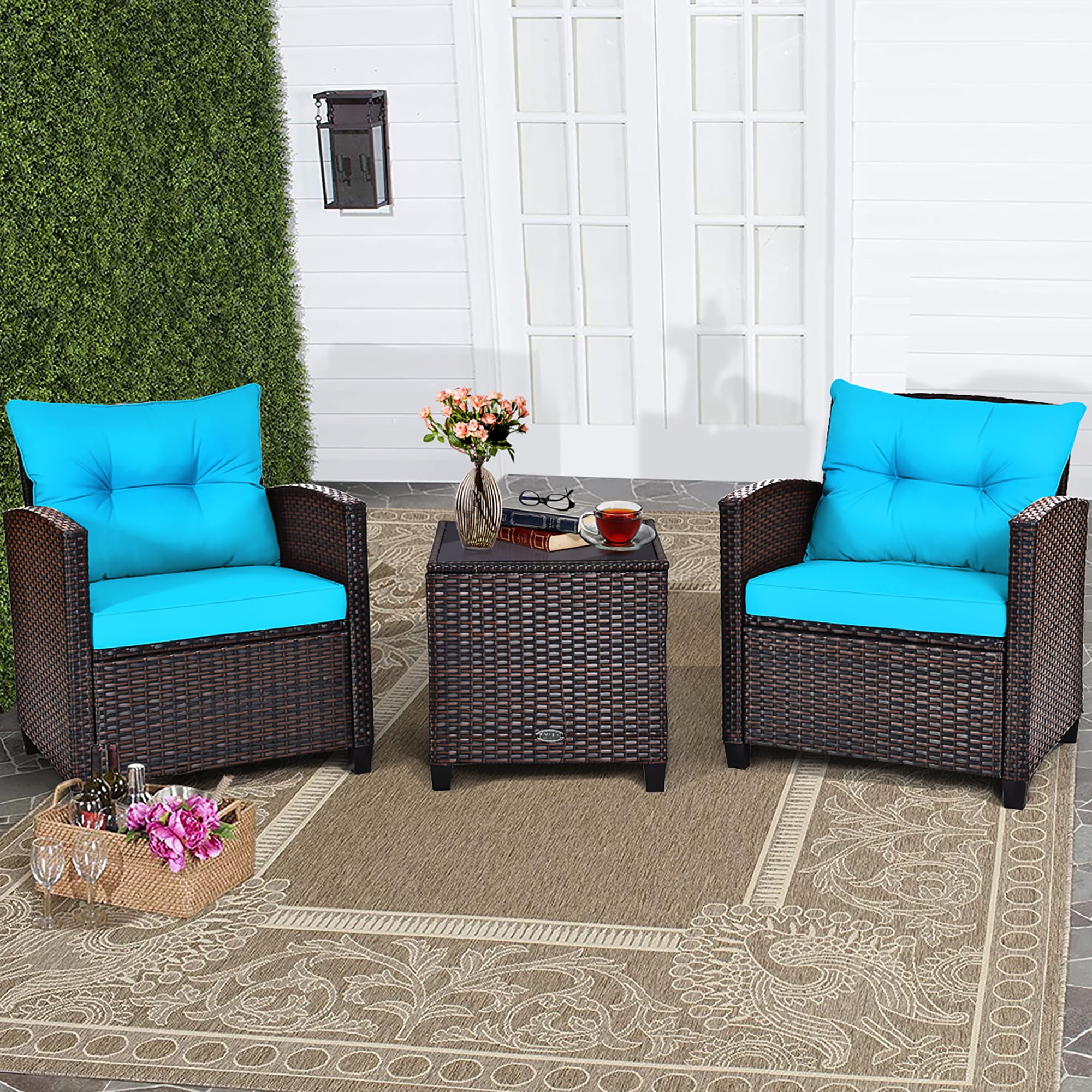 Costway 3PCS Patio Rattan Furniture Set Cushioned Conversation Set