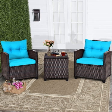 Costway 3PCS Patio Rattan Furniture Set Cushioned Conversation Set Sofa Turquoise