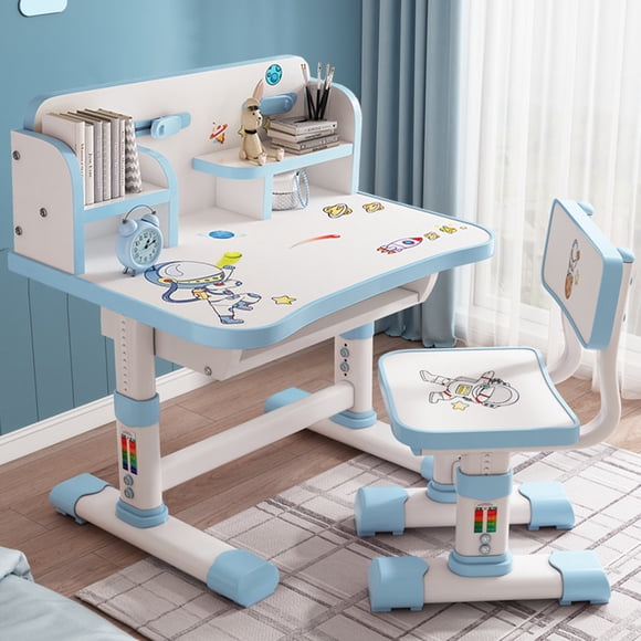 Kids Functional Desk and Chair Set, Height Adjustable Children School Study Table Chair Set with Cartoon Pattern, Ergonomic Desk Chair with Large Writing Board, Bookshelf and Book Bucket (Pink, Blue)
