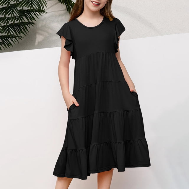 Qertyioot Robes pour Filles à Manches Volantées, Robe d'Été Trapèze Décontractée, Robe Midi Évasée à Étages avec Poches