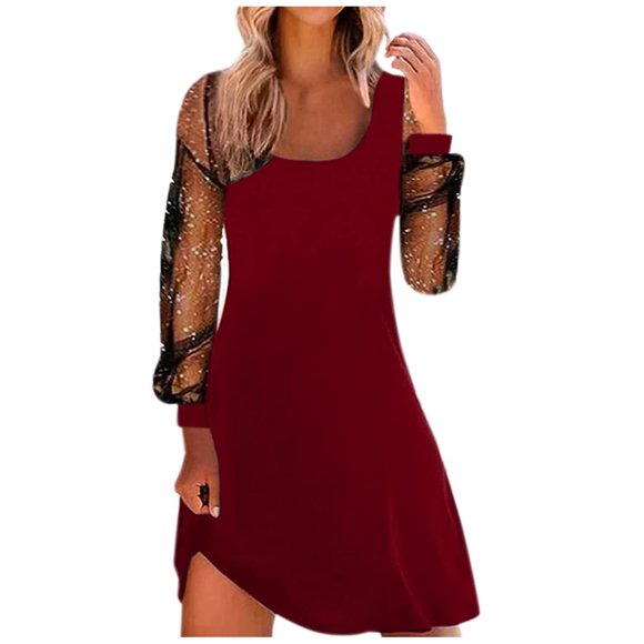 cfhntfmh Cocktail Dresses for Women Soft Scoop Neck Patchwork Lace Long Sleeve Party Dress Fashion Elegant Sparkly Mini Dress