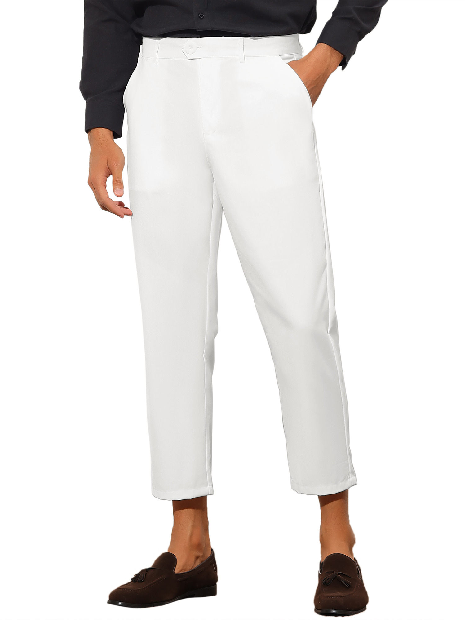 INSPIRE CHIC Men's Formal Cropped Pants Solid Color Flat Front Dress Trousers White 32