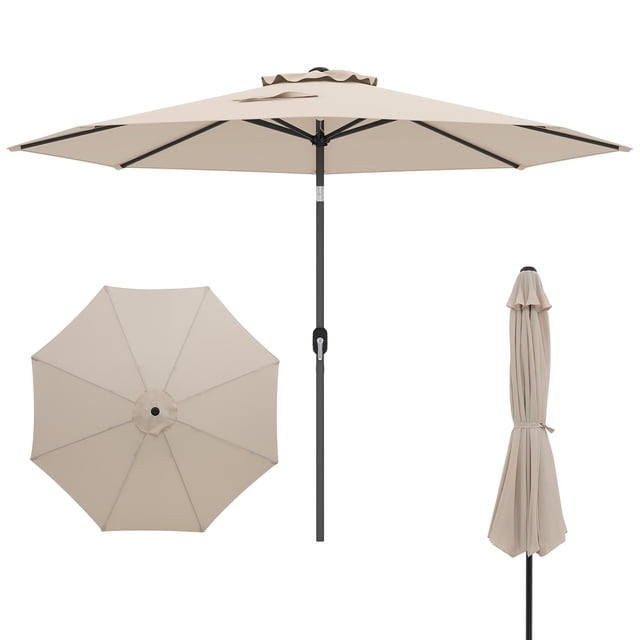 Gymax Parasol de Patio 300 cm, Parasol de Marché Robuste avec Mécanisme d'Inclinaison et Manivelle en beige. Doté d'Un Auvent en Tissu polyester Ventilé pour protection Solaire et ventilation, d'Un Poteau en Métal Enduit de Poudre Antirouille et de 8 Nervures Robustes pour la Stabilité. Comprend une Manivelle pour une Ouverture et une Fermeture Faciles, un Mécanisme d'Inclinaison à Bouton-Poussoir pour un Réglage d'Angle de 30°, et une Sangle de Fixation pour un Rangement compact. Convient aux Espaces Extérieurs comme les patios, les Jardins et les Piscines